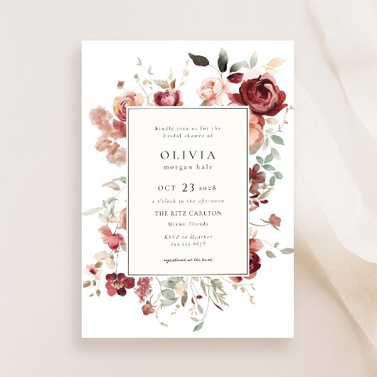 ブルガンディオータムフローラブライダルシャワー 招待状