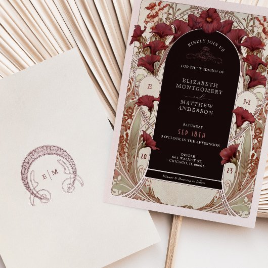 ブルガンディカラリリー結婚ズアールヌーボーミュシャ 招待状