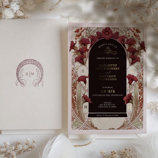 ブルガンディカラリリー結婚ズアールヌーボーミュシャ 箔招待状