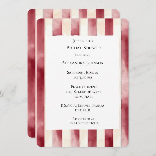 ブルガンディクリーストライプムブライダルシャワー 招待状 (正面/裏面)