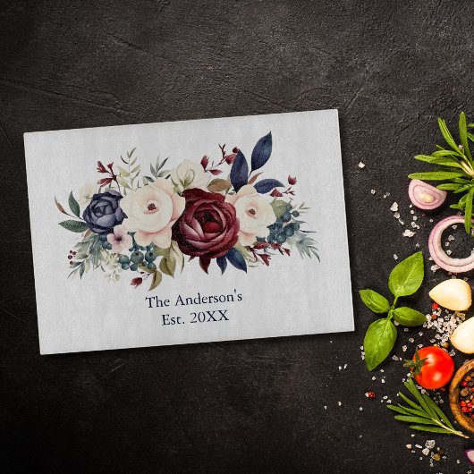 ブルガンディクリームネイビーブルーフローラ水彩 カッティングボード