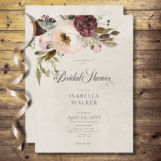 ブルガンディクリームピンクヴィンテージ牡丹ブライダルシャワー 招待状