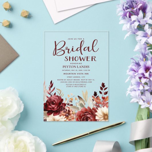 ブルガンディクリームフローラブライダルシャワー アクリル招待状 (インサイチュ (ウェディング))