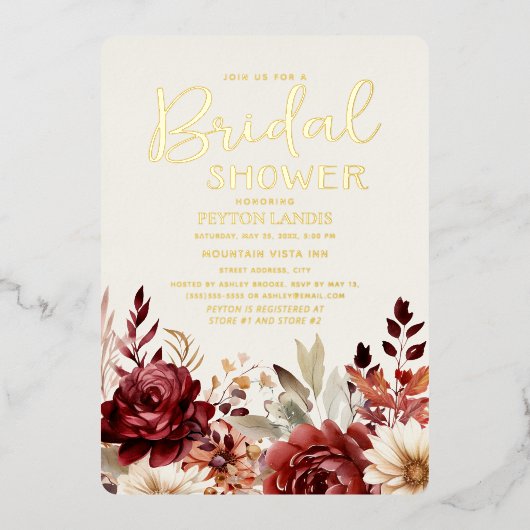 ブルガンディクリームフローラブライダルシャワー 箔招待状 (正面)