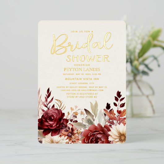 ブルガンディクリームフローラブライダルシャワー 箔招待状 (立ち正面)
