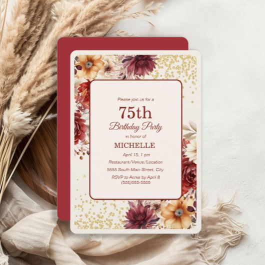 ブルガンディクリームフローラ金ゴールドグリッター75th誕生日 招待状