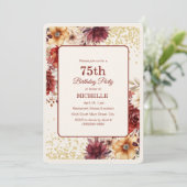 ブルガンディクリームフローラ金ゴールドグリッター75th誕生日 招待状 (スタンド正面)