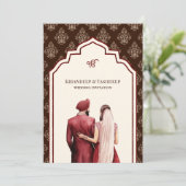 ブルガンディクリームブラウンイカットアナンドカラジシーク結婚ズ 招待状 (スタンド正面)