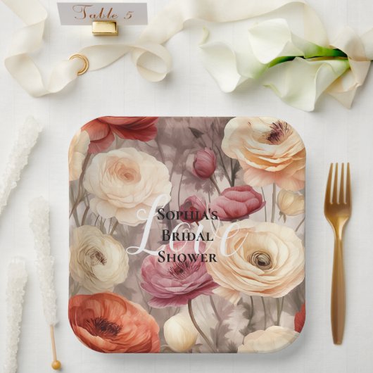 ブルガンディクリーム春の花ブライダルシャワー ペーパープレート (ウェディング)