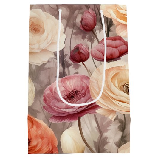 ブルガンディクリーム春の花ブライダルシャワー ミディアムペーパーバッグ (裏面)