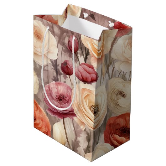 ブルガンディクリーム春の花ブライダルシャワー ミディアムペーパーバッグ (裏面アングル)