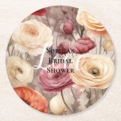 ブルガンディクリーム春の花ブライダルシャワー ラウンドペーパーコースター (正面)