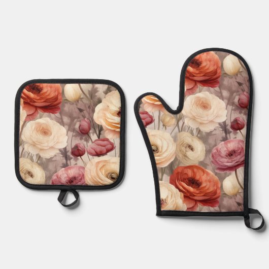 ブルガンディクリーム春の花ブライダルシャワー 鍋つかみ&鍋敷きセット (正面)