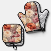 ブルガンディクリーム春の花ブライダルシャワー 鍋つかみ&鍋敷きセット (正面/裏面)