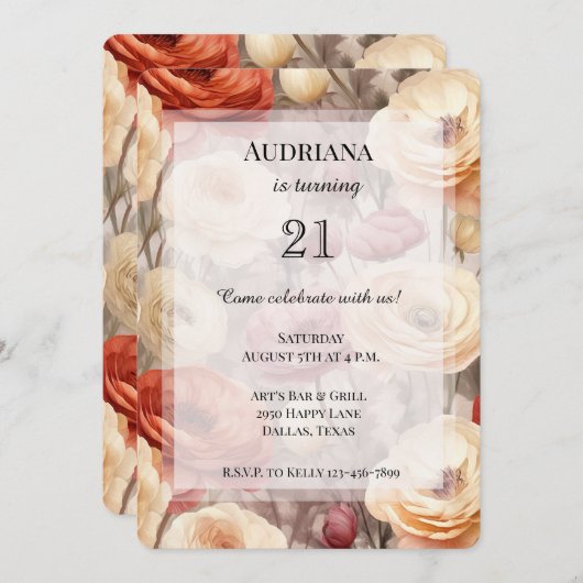 ブルガンディクリーム春の花誕生日 招待状 (正面/裏面)