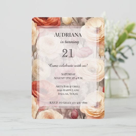 ブルガンディクリーム春の花誕生日 招待状 (スタンド正面)