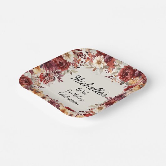 ブルガンディクリーム秋秋フローラ60誕生日 ペーパープレート (傾斜あり)