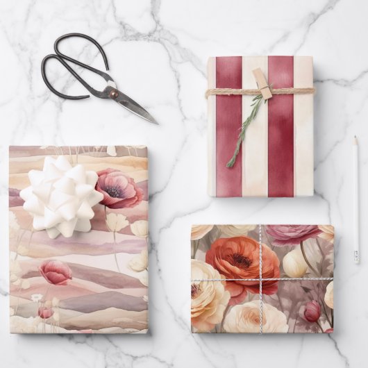 ブルガンディクリーム赤面フローラブライダルシャワー ラッピングペーパーシート (正面)