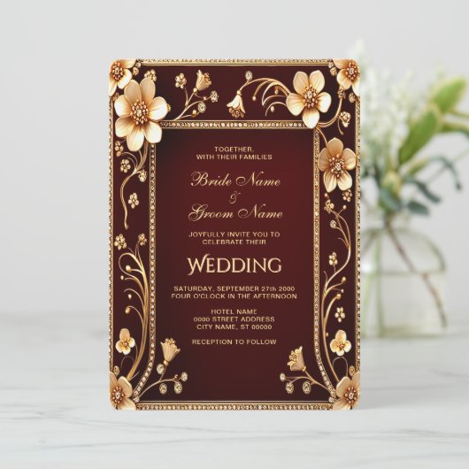 ブルガンディゴールデンフラワーズ結婚式招待状 招待状 (スタンド正面)