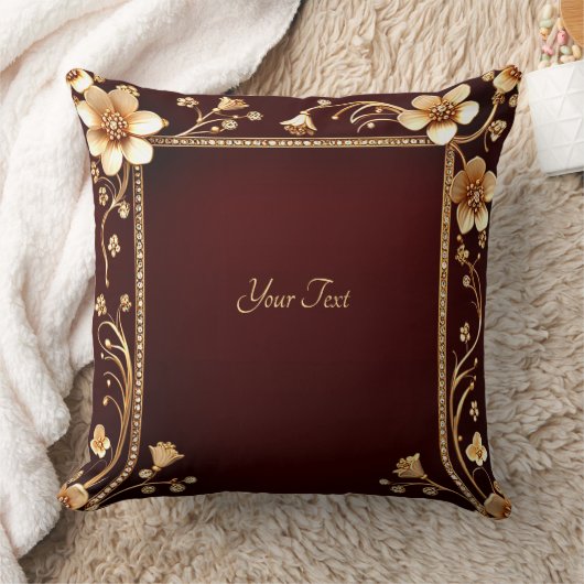 ブルガンディゴールデンフラワーズ装飾用クッション クッション (ブランケット)