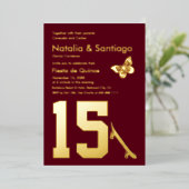 ブルガンディゴールドフォイルツインズ15誕生日招待状 箔シーズンカード (立ち正面)