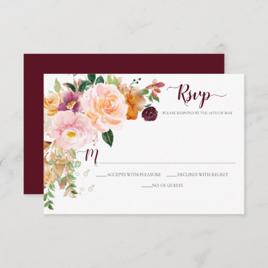 ブルガンディサフラン赤面モーヴコーナーブーケ 出欠カード (正面/裏面)