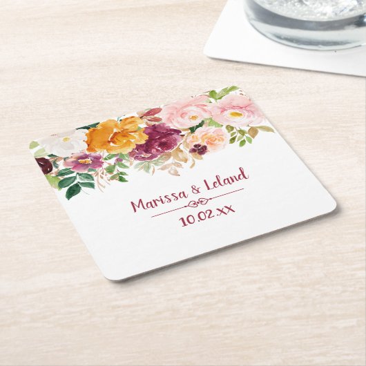 ブルガンディサフロンイエロープニーバラ結婚ズ スクエアペーパーコースター (アングル)