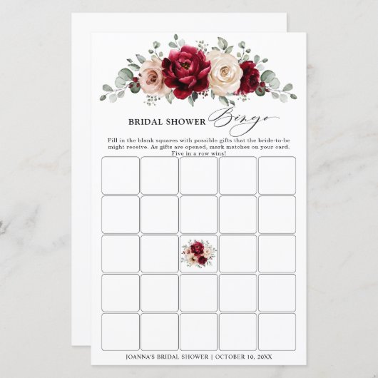 ブルガンディシャンパンアイボリーブライダルシャワービンゴゲーム (正面/裏面)