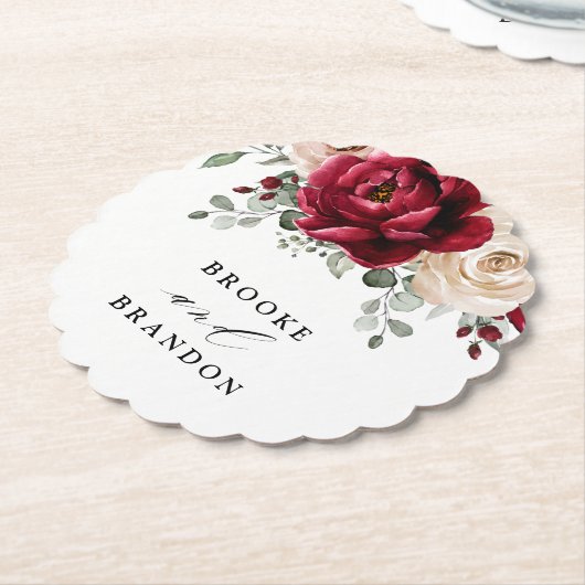 ブルガンディシャンパンアイボリーマウヴバラフローラ結婚ズ ペーパーコースター (アングル)