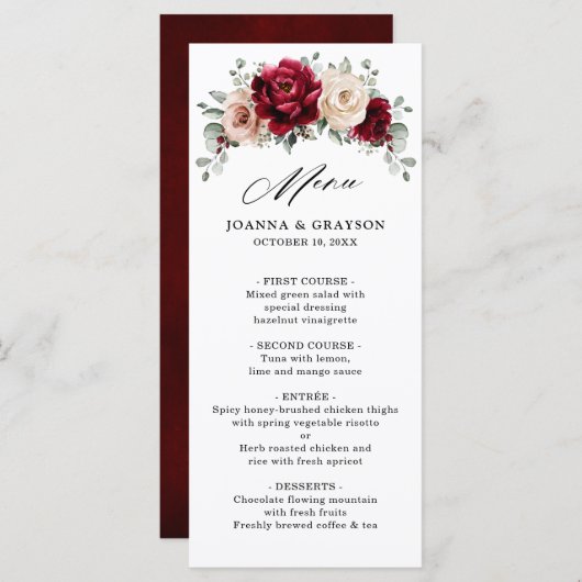 ブルガンディシャンパンアイボリーマウヴバラフローラ結婚ズ メニュー (正面/裏面)