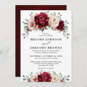 ブルガンディシャンパンアイボリーマウヴバラフローラ結婚ズ 招待状 (正面/裏面)