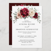 ブルガンディシャンパンアイボリーマウヴバラフローラ結婚ズ 招待状 (正面/裏面)