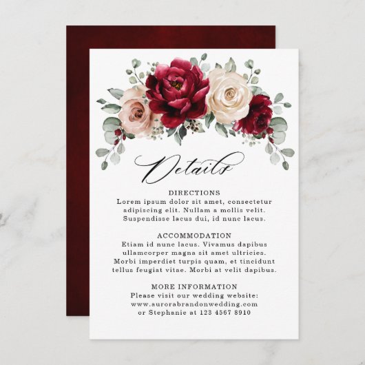 ブルガンディシャンパンアイボリーマウヴバラ結婚ズ詳細 エンクロージャーカード (正面/裏面)