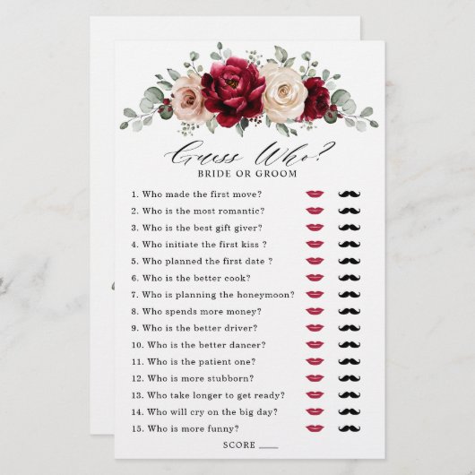 ブルガンディシャンパーニュアイボリーマウヴブライダルシャワーゲーム (正面/裏面)