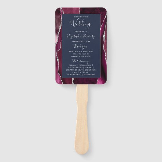 ブルガンディシルバーアゲートネイビーブルー結婚式 プログラム ハンドファン (正面)