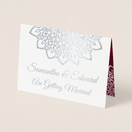 ブルガンディシルバーエレガントウェディング招待状 箔カード (正面)
