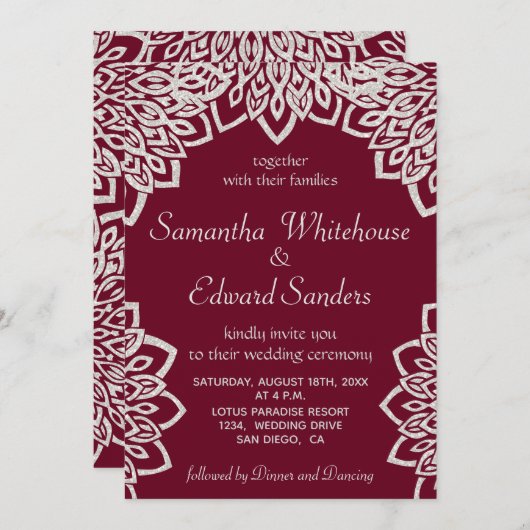 ブルガンディシルバーグリッターエレガントウェディング招待状 招待状 (正面/裏面)