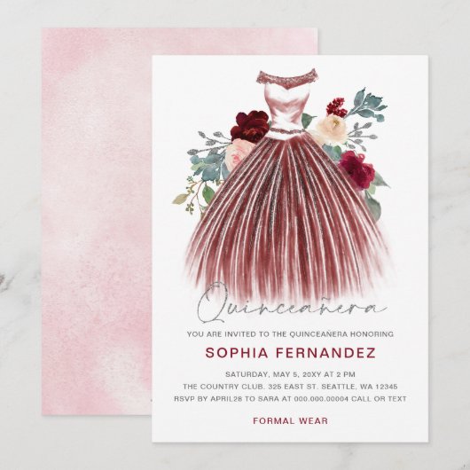 ブルガンディシルバーグリッターフローラドレスキンセアニラ 招待状 (正面/裏面)