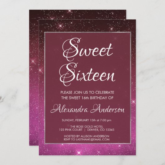 ブルガンディスパークルスカイスウィート16誕生日招待状 招待状 (正面/裏面)