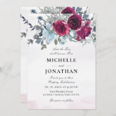 ブルガンディダスティブルーバラフローラ結婚クリスチャン 招待状 (正面/裏面)