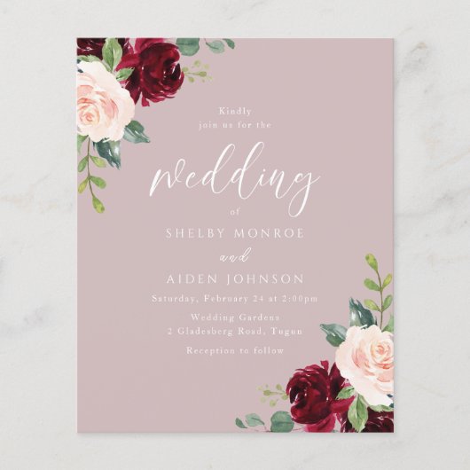 ブルガンディダスティーバラ予算結婚式招待状 (正面)