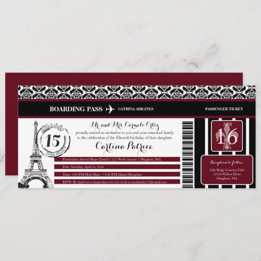 ブルガンディダマスクキンセアニェラパリボーディングパス 招待状 (正面/裏面)