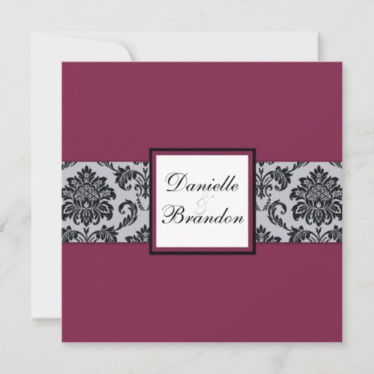 ブルガンディダマスクモノグラム結婚式招待状 招待状 (正面)