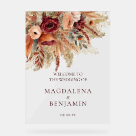 ブルガンディテラコッタ花模様パンパスグラス結婚ズ アクリルサイン