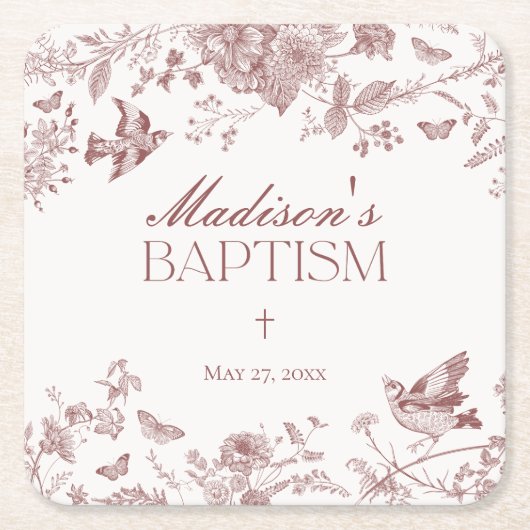 ブルガンディトイレデジュイヴィンテージフローラバプテスマ スクエアペーパーコースター (正面)