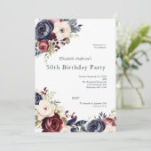 ブルガンディネイビークリームフローラ水彩50誕生日 招待状 (スタンド正面)