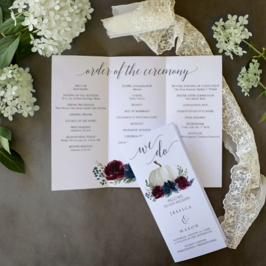 ブルガンディネイビーパンプキントリフォールド結婚式 プログラム チラシ