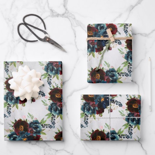 ブルガンディネイビーピーニー&バラブーケ ラッピングペーパーシート (正面)