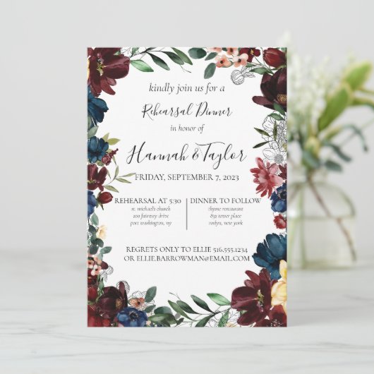 ブルガンディネイビーフローラリハーサルディナー招待状 招待状 (スタンド正面)