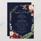 ブルガンディネイビーフローラリース婚約パーティ 招待状 (正面/裏面)